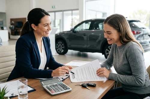 DriveWise lending specialist reviewing a car loan application with a client in a bright modern office